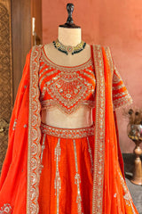 Orange Raw Silk Sequin Beaded Lehenga with Double Dupatta