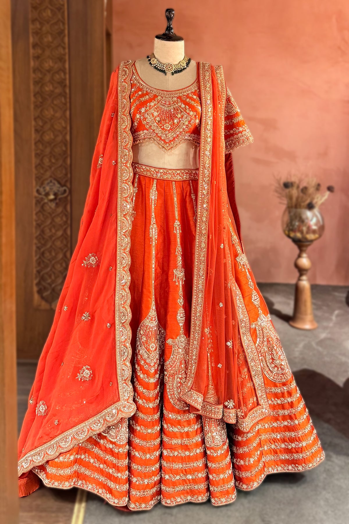 Orange Raw Silk Sequin Beaded Lehenga with Double Dupatta