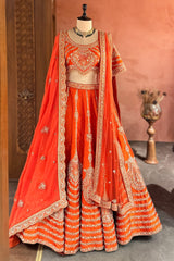 Orange Raw Silk Sequin Beaded Lehenga with Double Dupatta