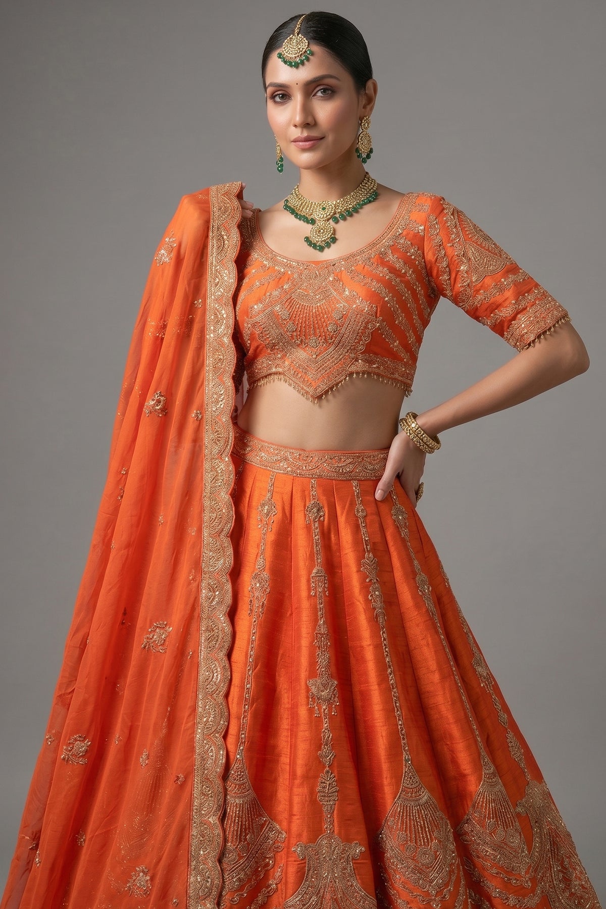Orange Raw Silk Sequin Beaded Lehenga with Double Dupatta