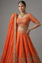 Orange Raw Silk Sequin Beaded Lehenga with Double Dupatta