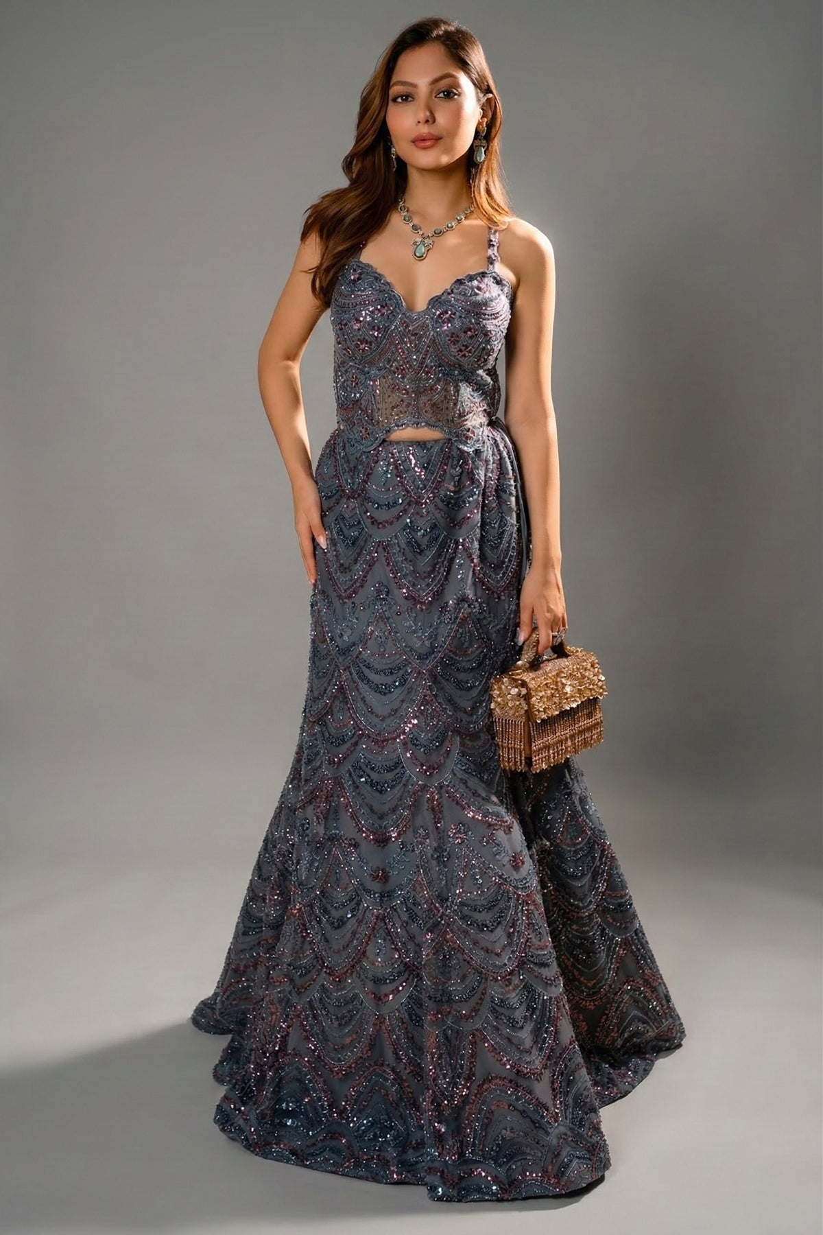 Grey Net Sequin and Cutdana Worked Fish Cut Lehenga with Sweet Heart Neckline Corset