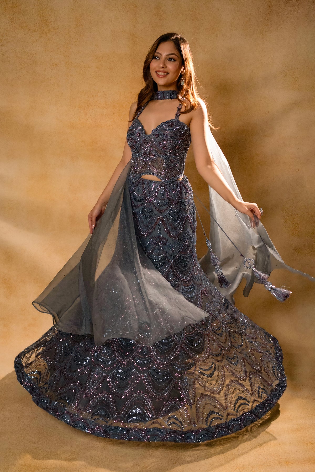 Grey Net Sequin and Cutdana Worked Fish Cut Lehenga with Sweet Heart Neckline Corset