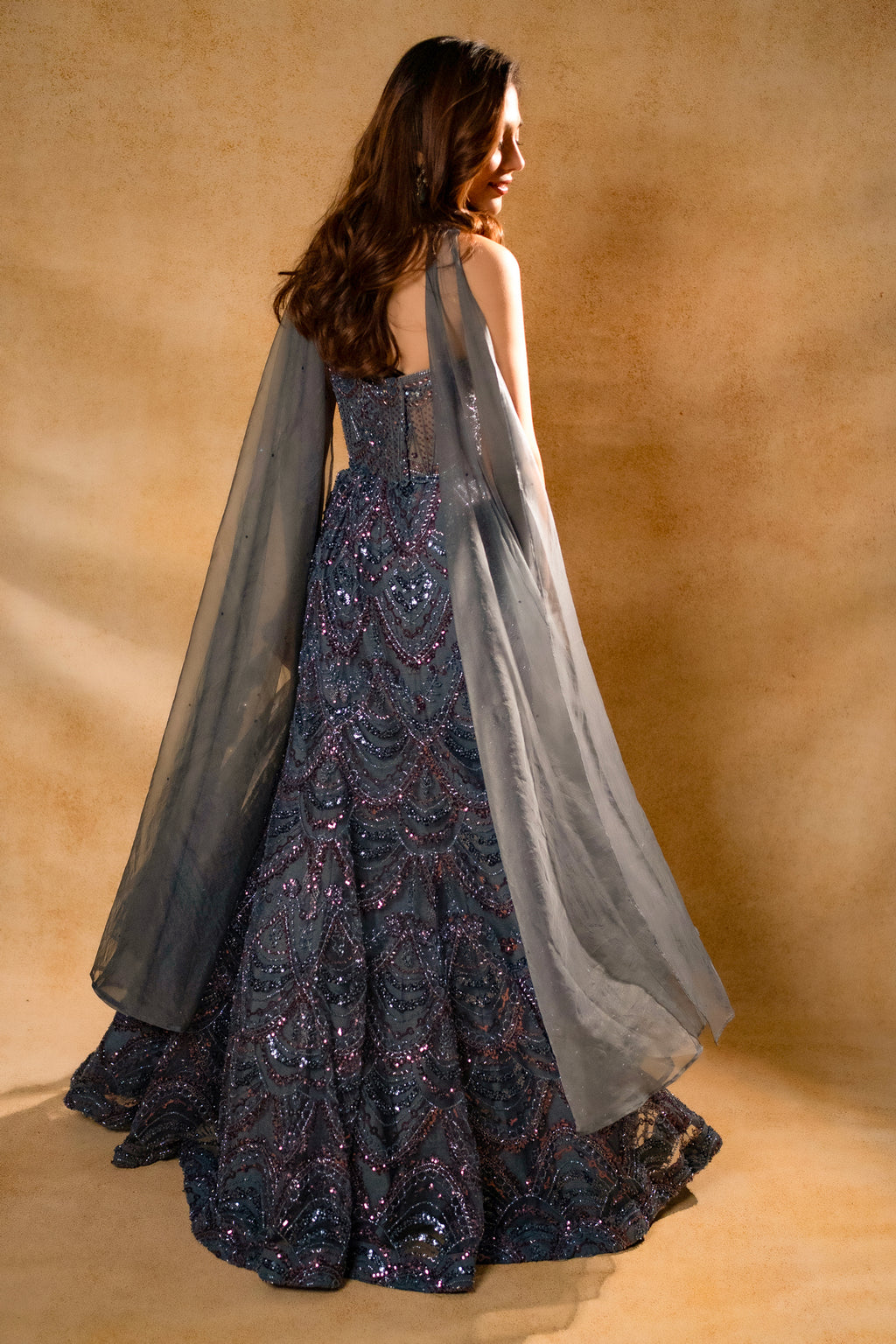 Grey Net Sequin and Cutdana Worked Fish Cut Lehenga with Sweet Heart Neckline Corset