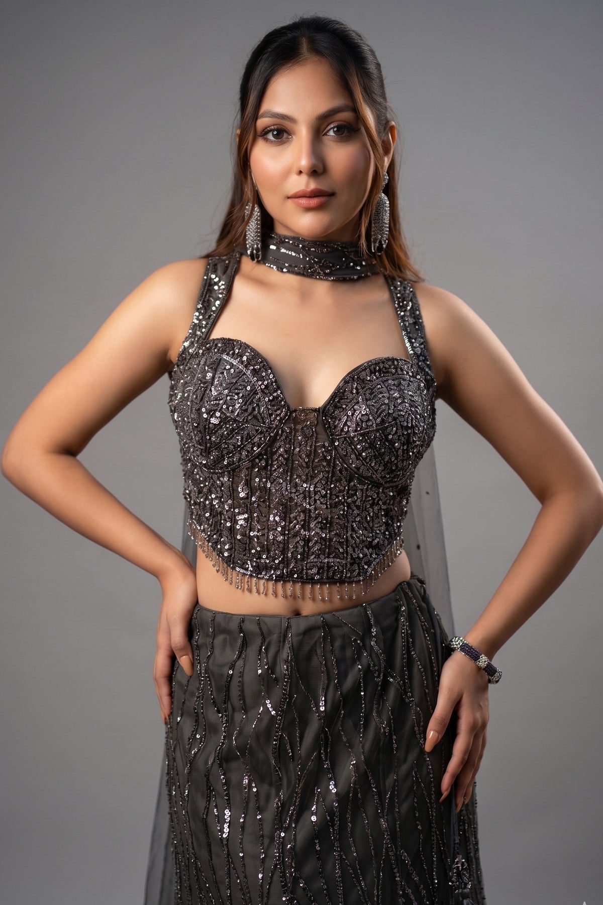 Dark Grey Net Sequin and Cutdana Worked Lehenga with Sweet Heart Neckline Corset