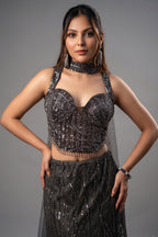 Dark Grey Net Sequin and Cutdana Worked Lehenga with Sweet Heart Neckline Corset
