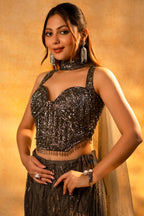 Dark Grey Net Sequin and Cutdana Worked Lehenga with Sweet Heart Neckline Corset