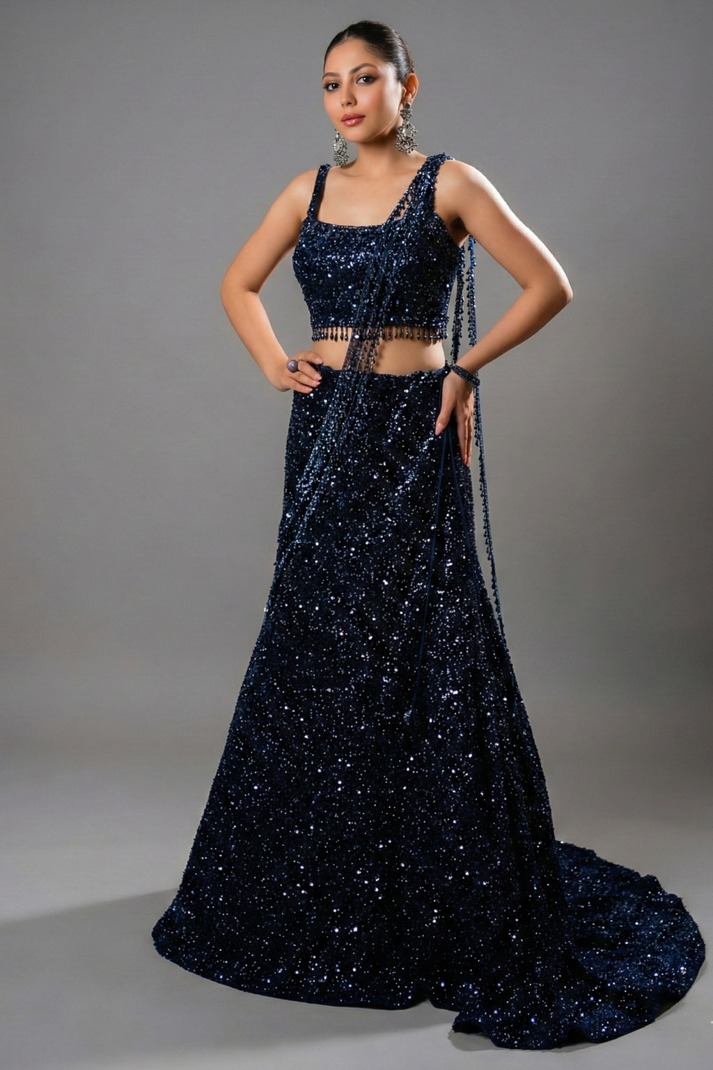 Midnight Blue Net Sequinned Draped Fishtail Lehenga