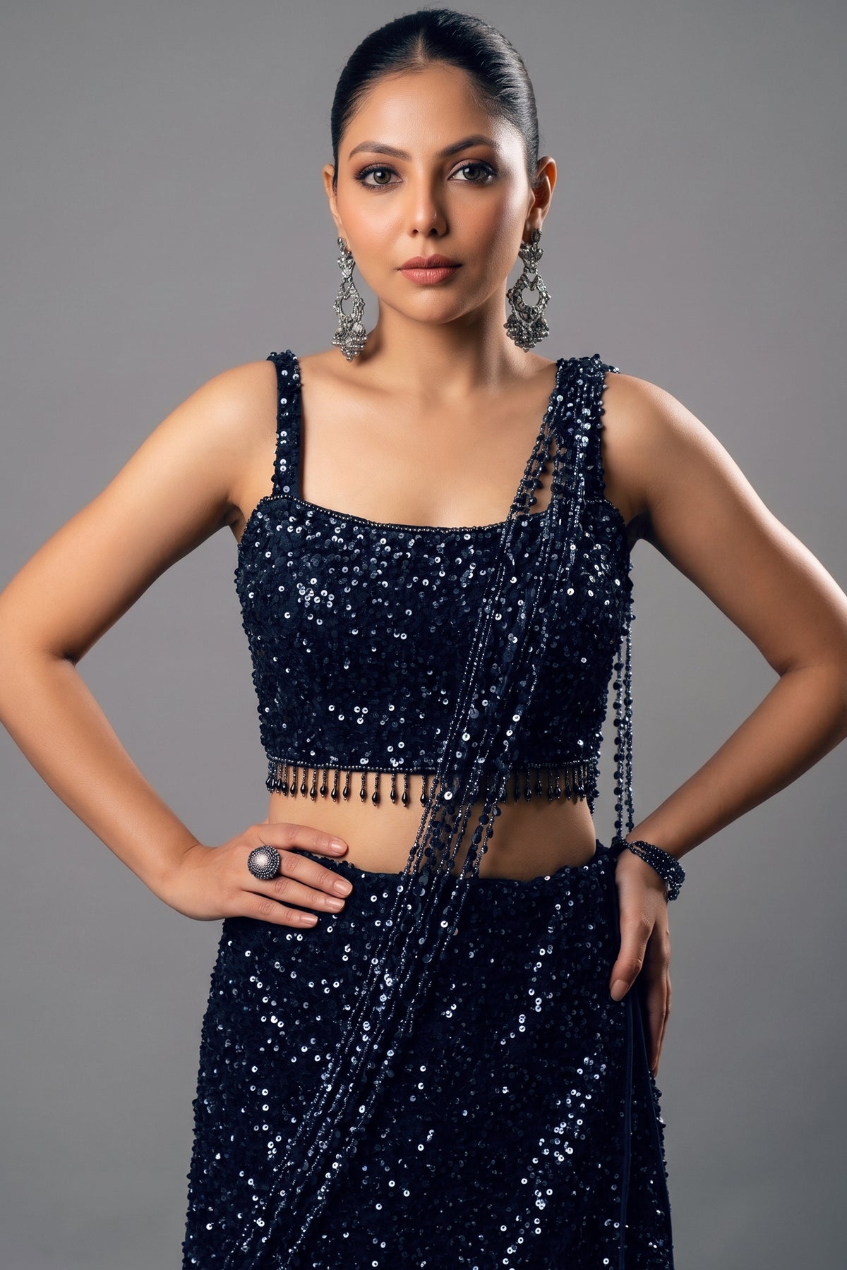 Midnight Blue Net Sequinned Draped Fishtail Lehenga