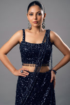 Midnight Blue Net Sequinned Draped Fishtail Lehenga