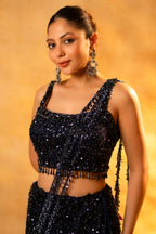 Midnight Blue Net Sequinned Draped Fishtail Lehenga
