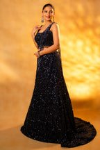 Midnight Blue Net Sequinned Draped Fishtail Lehenga