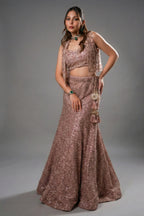 Dusty Pink Net Sequinned Designer Crop Top Fish Cut Lehenga with Short Jacket