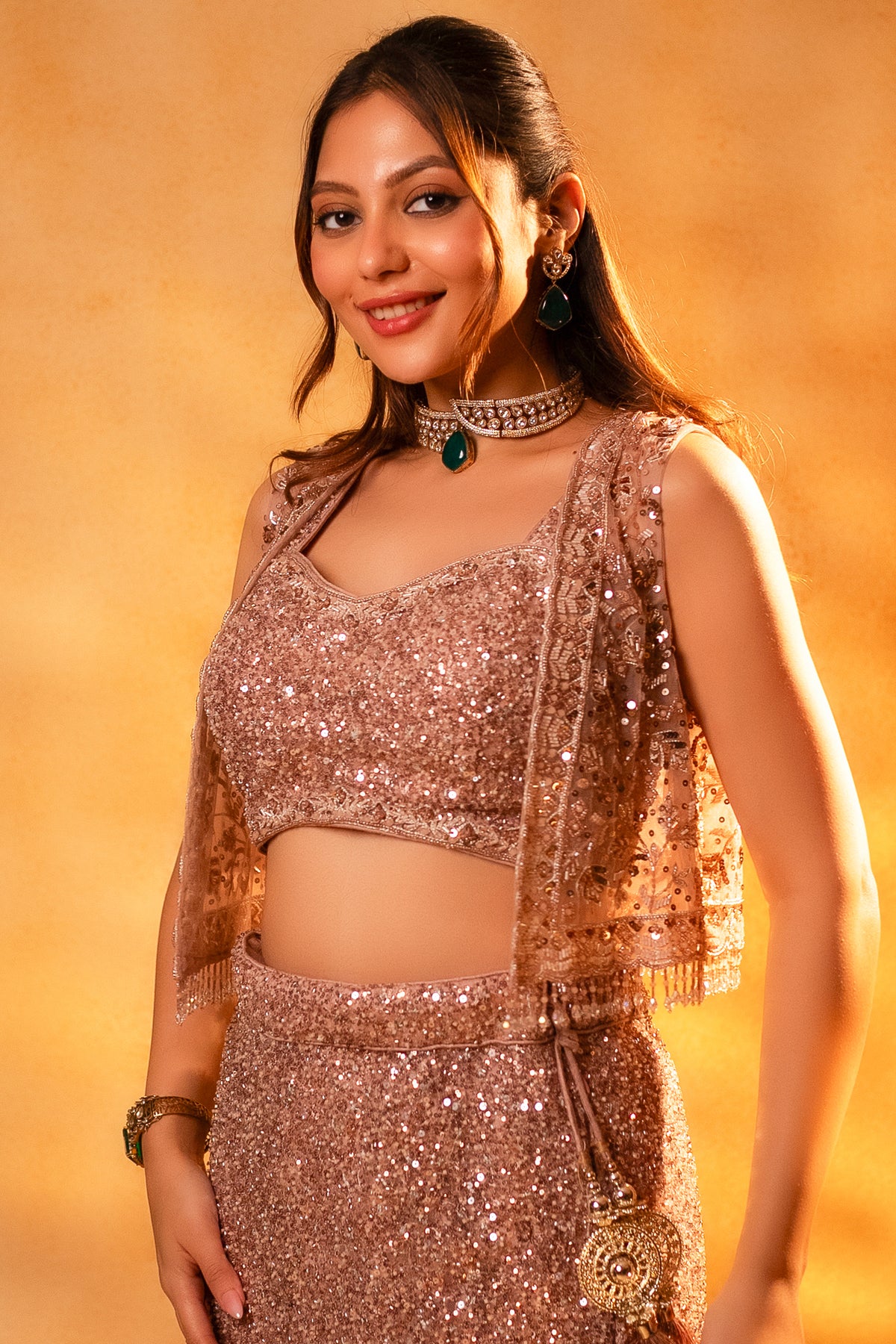 Dusty Pink Net Sequinned Designer Crop Top Fish Cut Lehenga with Short Jacket