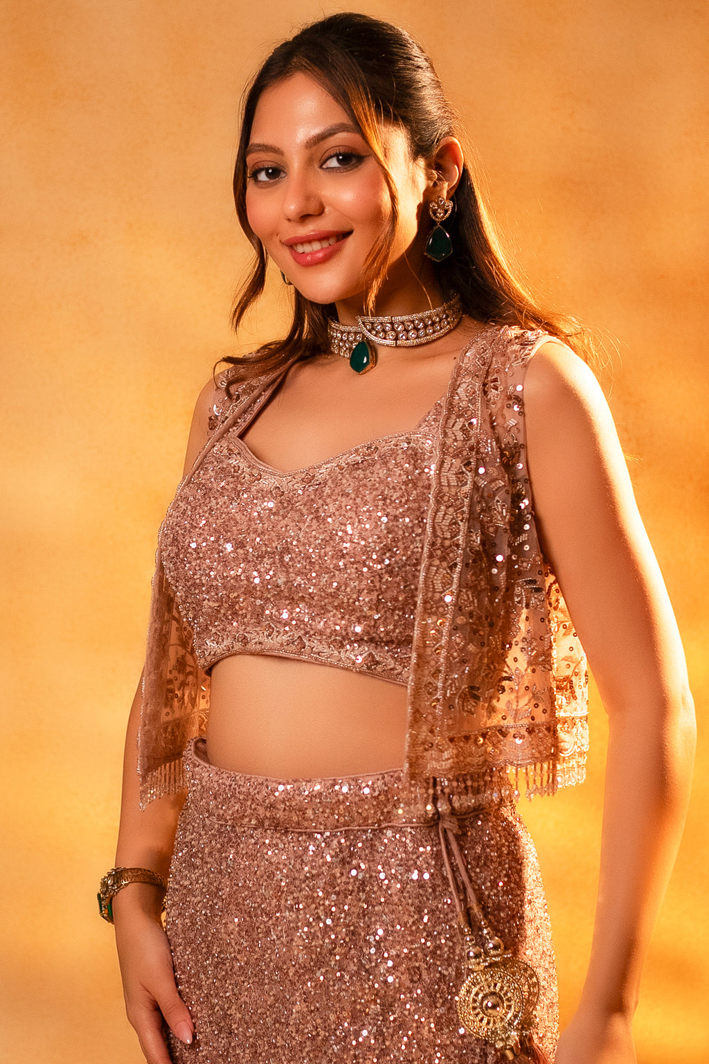 Dusty Pink Net Sequinned Designer Crop Top Fish Cut Lehenga with Short Jacket