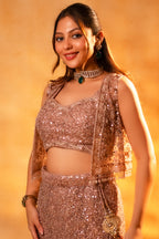 Dusty Pink Net Sequinned Designer Crop Top Fish Cut Lehenga with Short Jacket