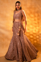 Dusty Pink Net Sequinned Designer Crop Top Fish Cut Lehenga with Short Jacket