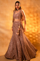 Dusty Pink Net Sequinned Designer Crop Top Fish Cut Lehenga with Short Jacket