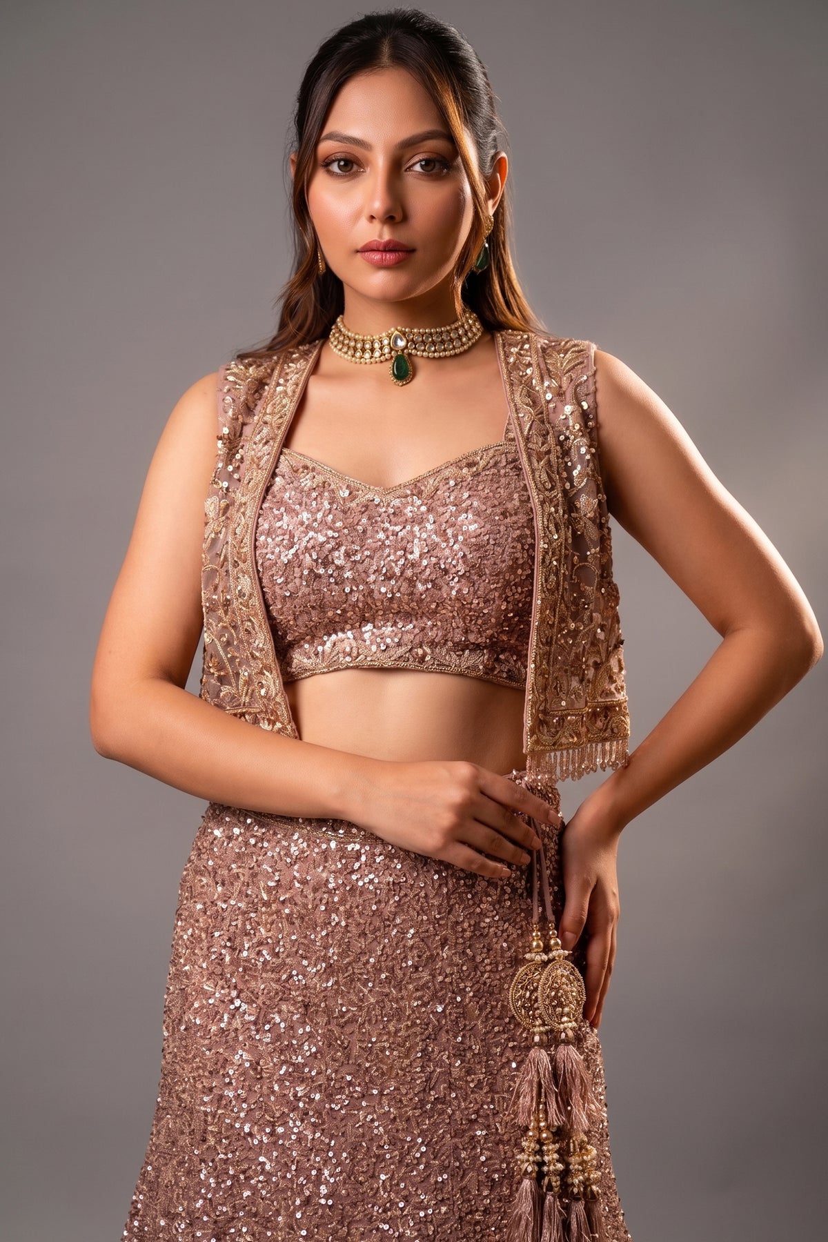 Dusty Pink Net Sequinned Designer Crop Top Fish Cut Lehenga with Short Jacket
