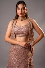 Dusty Pink Net Sequinned Designer Crop Top Fish Cut Lehenga with Short Jacket