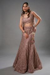 Dusty Pink Net Sequinned Designer Crop Top Fish Cut Lehenga with Short Jacket