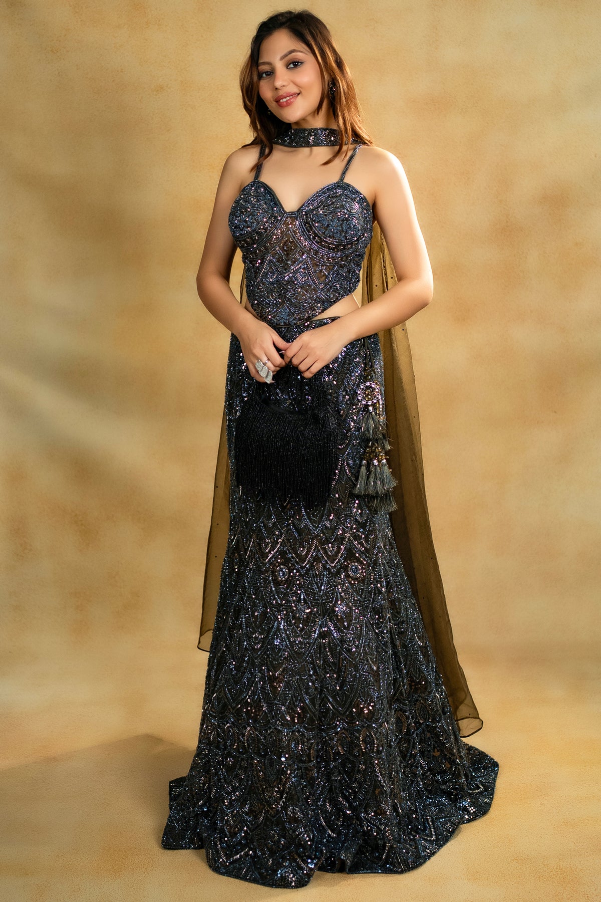 Dark Olive Green and Blue Net Cutdana Worked Fish Cut Lehenga with Sweet Heart Neckline Corset