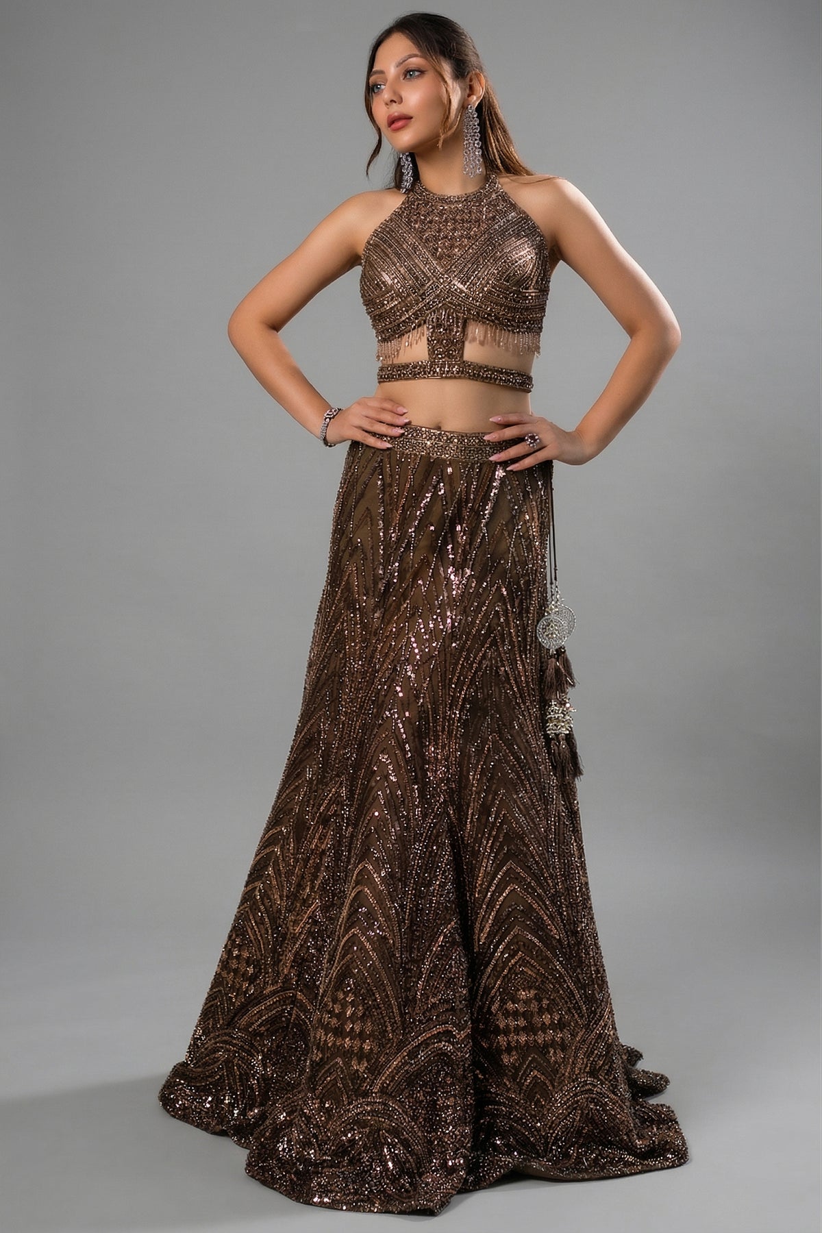 Brown Net Sequinned Fish Cut Lehenga with Halter Neck Blouse