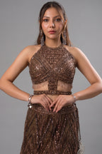 Brown Net Sequinned Fish Cut Lehenga with Halter Neck Blouse