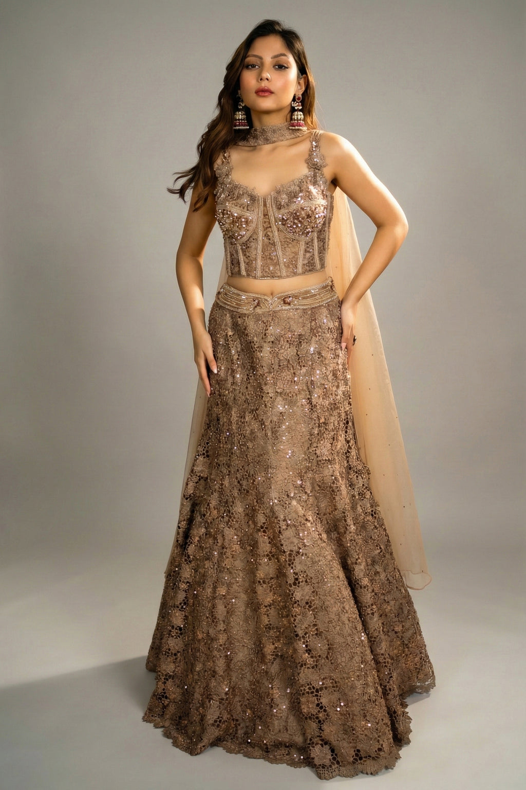Rose Gold Net Sequinned Fish Cut Lehenga with Corset Blouse