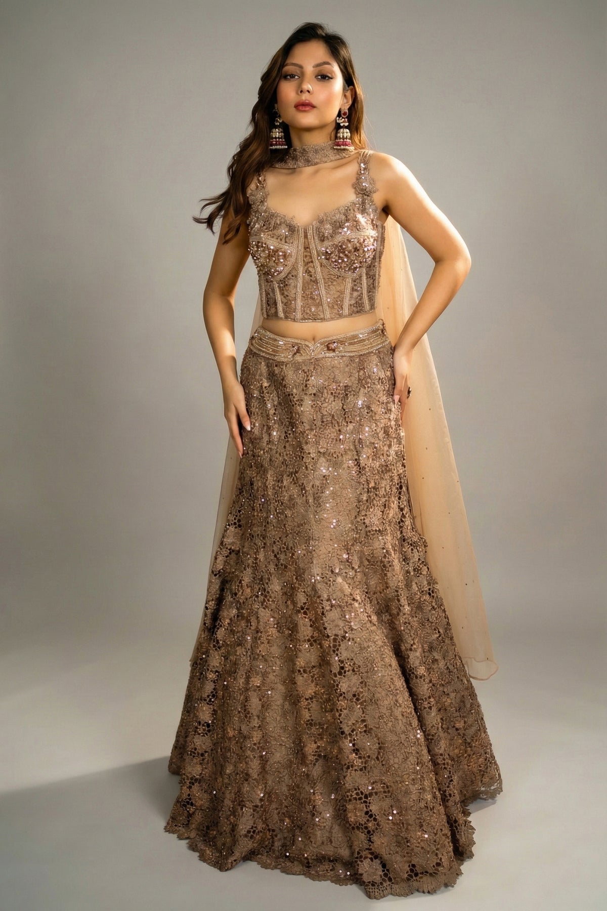 Rose Gold Net Sequinned Fish Cut Lehenga with Corset Blouse