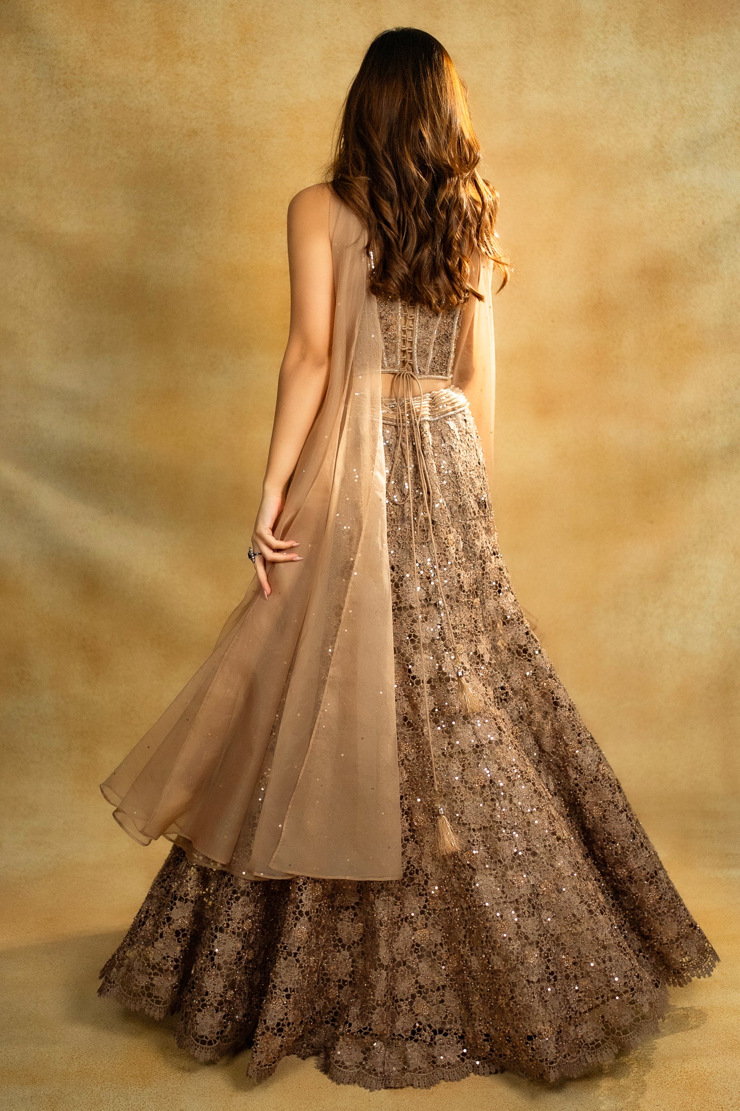 Rose Gold Net Sequinned Fish Cut Lehenga with Corset Blouse 40 Rose Gold Net Sequinned Fish Cut Lehenga with Corset Blouse 40