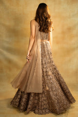 Rose Gold Net Sequinned Fish Cut Lehenga with Corset Blouse