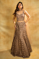 Rose Gold Net Sequinned Fish Cut Lehenga with Corset Blouse