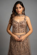 Rose Gold Net Sequinned Fish Cut Lehenga with Corset Blouse