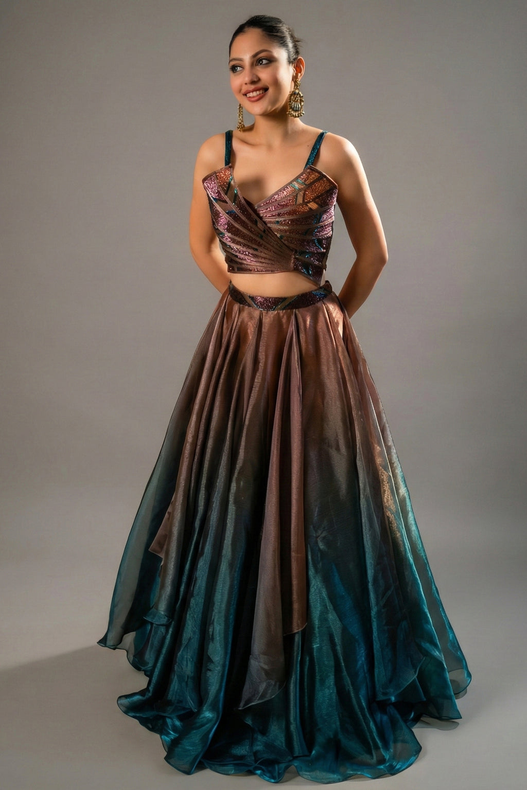 Brown and Prussian Blue Glass Organza Asymmetrical Lehenga