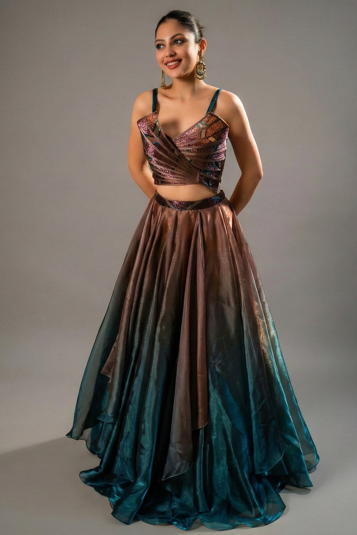 Brown and Prussian Blue Glass Organza Asymmetrical Lehenga