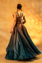 Brown and Prussian Blue Glass Organza Asymmetrical Lehenga
