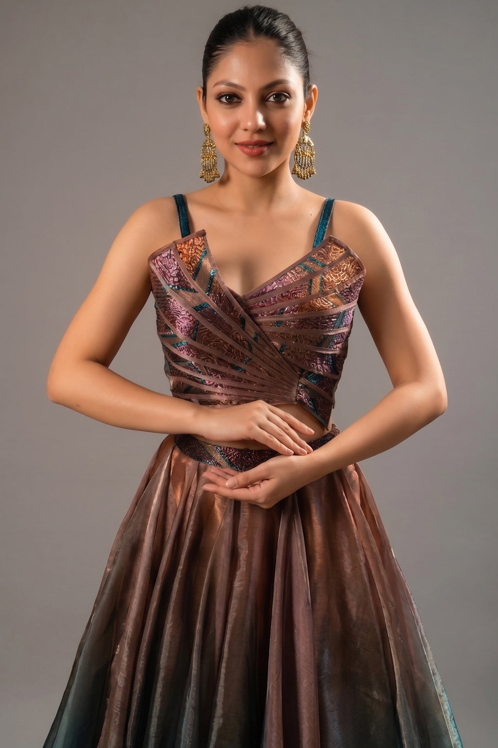 Brown and Prussian Blue Glass Organza Asymmetrical Lehenga