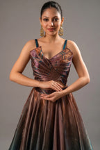 Brown and Prussian Blue Glass Organza Asymmetrical Lehenga