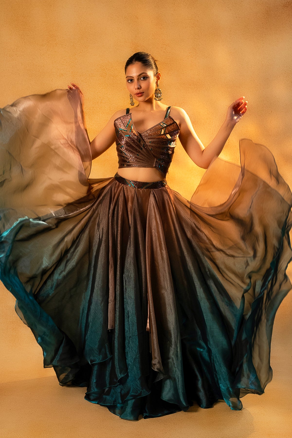 Brown and Prussian Blue Glass Organza Asymmetrical Lehenga