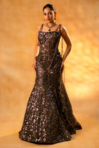 Green Net Sequinned Fish Cut Lehenga with Corset Blouse