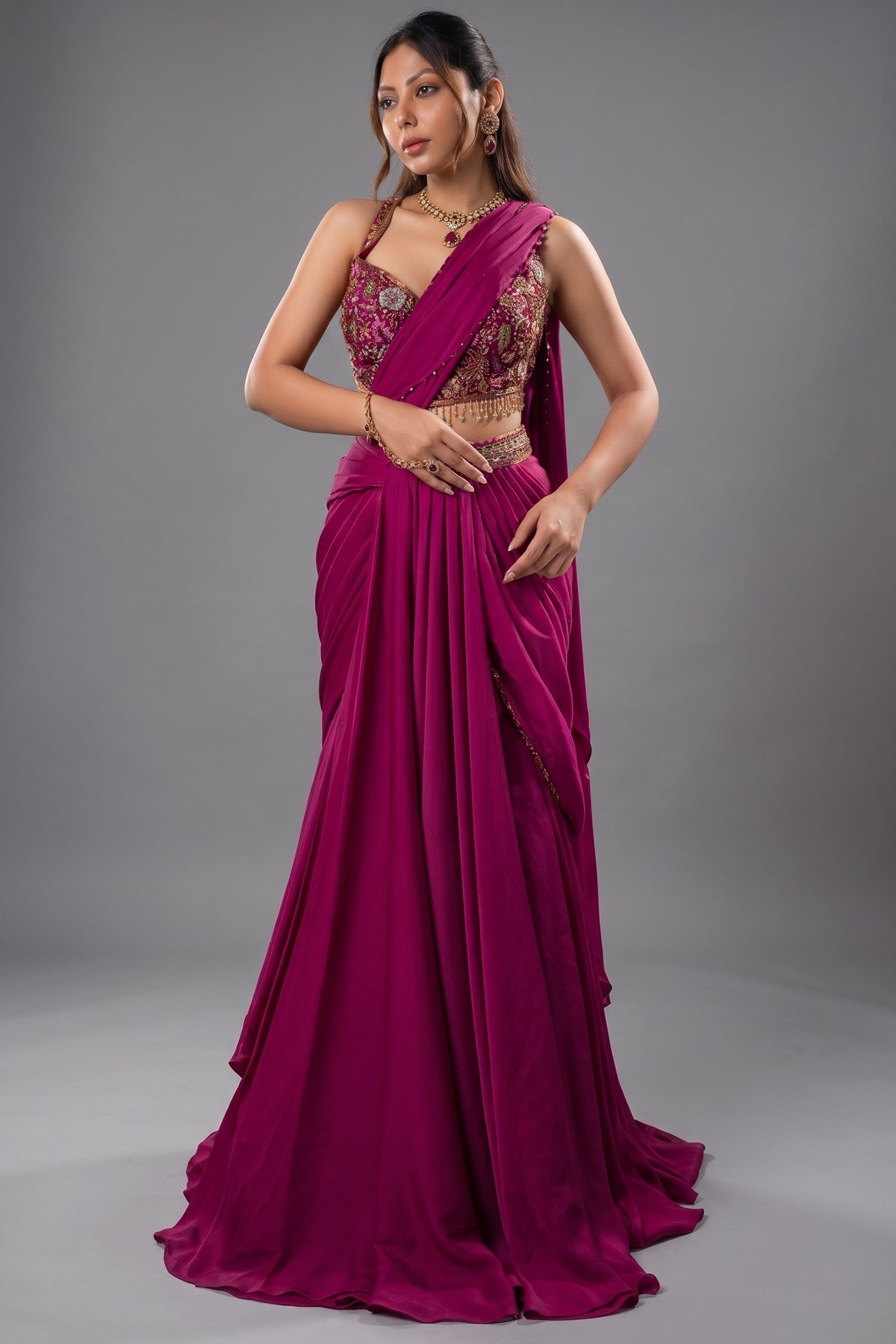 Pink Crepe Satin Draped Lehenga with Attached Dupatta and Designer Blouse