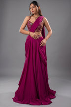 Pink Crepe Satin Draped Lehenga with Attached Dupatta and Designer Blouse