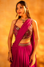 Pink Crepe Satin Draped Lehenga with Attached Dupatta and Designer Blouse