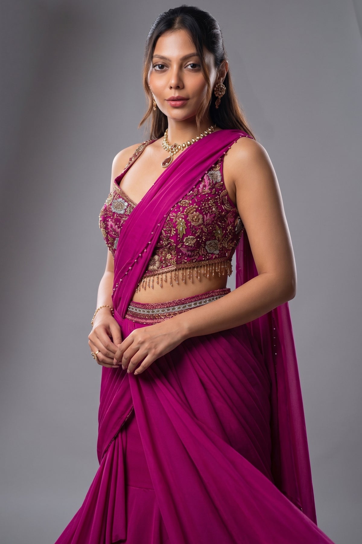 Pink Crepe Satin Draped Lehenga with Attached Dupatta and Designer Blouse