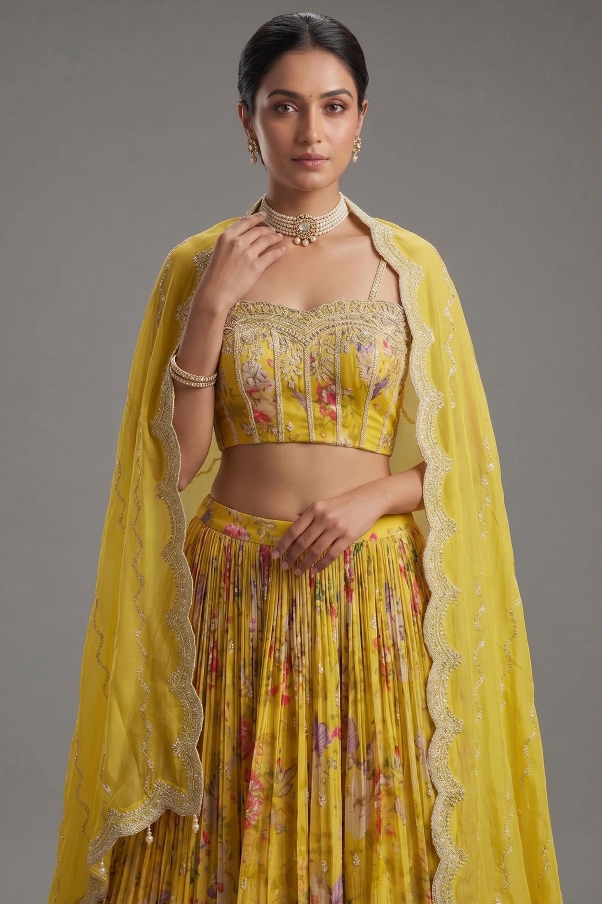 Lime Yellow Chiffon Chinon Silk Floral Printed Corset Lehenga