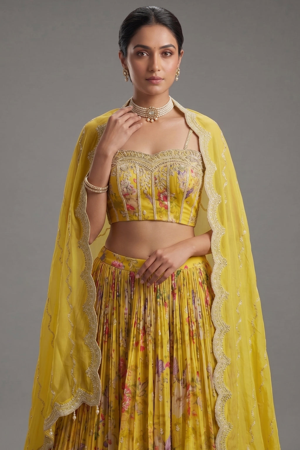 Lime Yellow Chiffon Chinon Silk Floral Printed Corset Lehenga