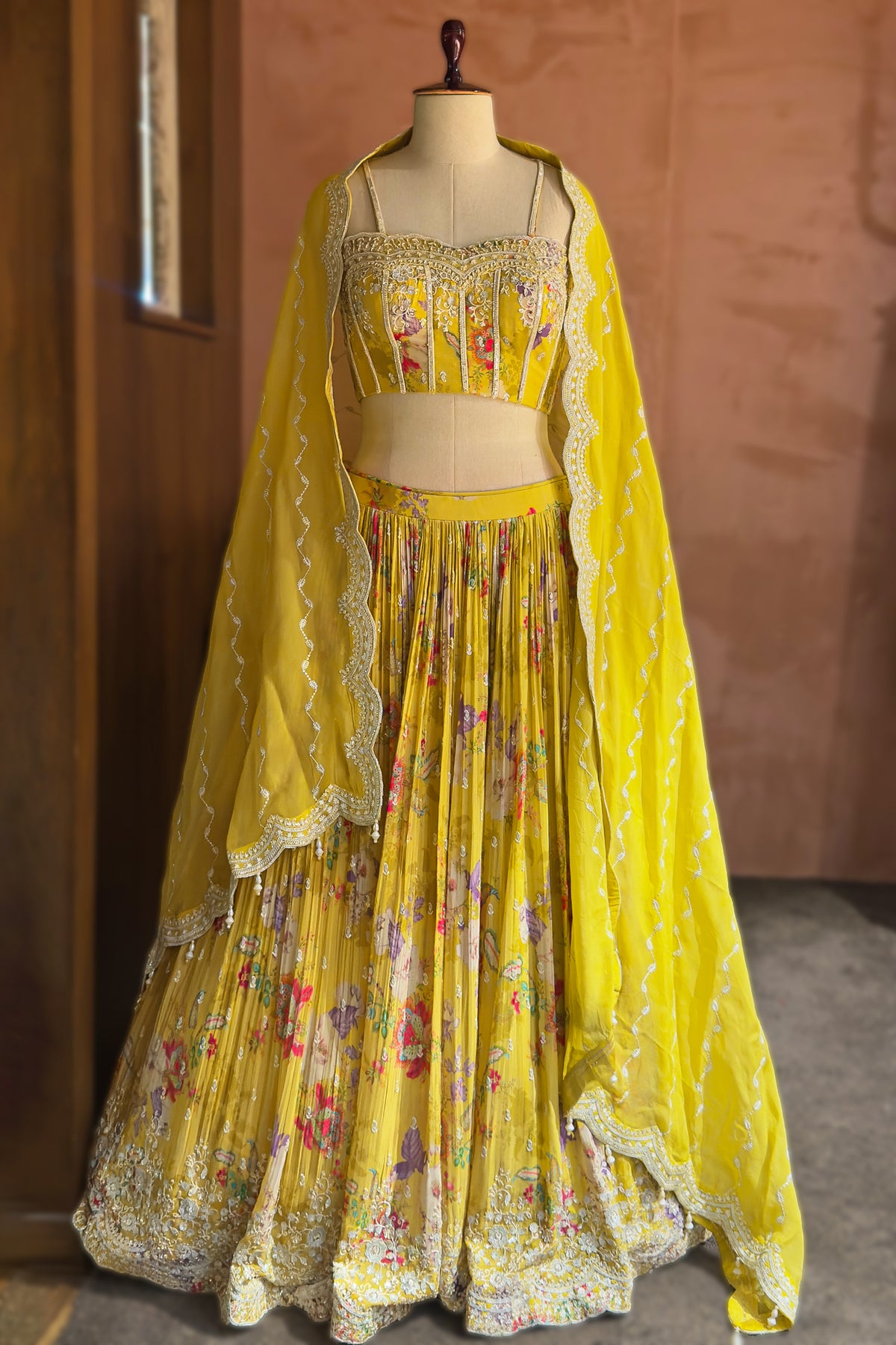 Lime Yellow Chiffon Chinon Silk Floral Printed Corset Lehenga