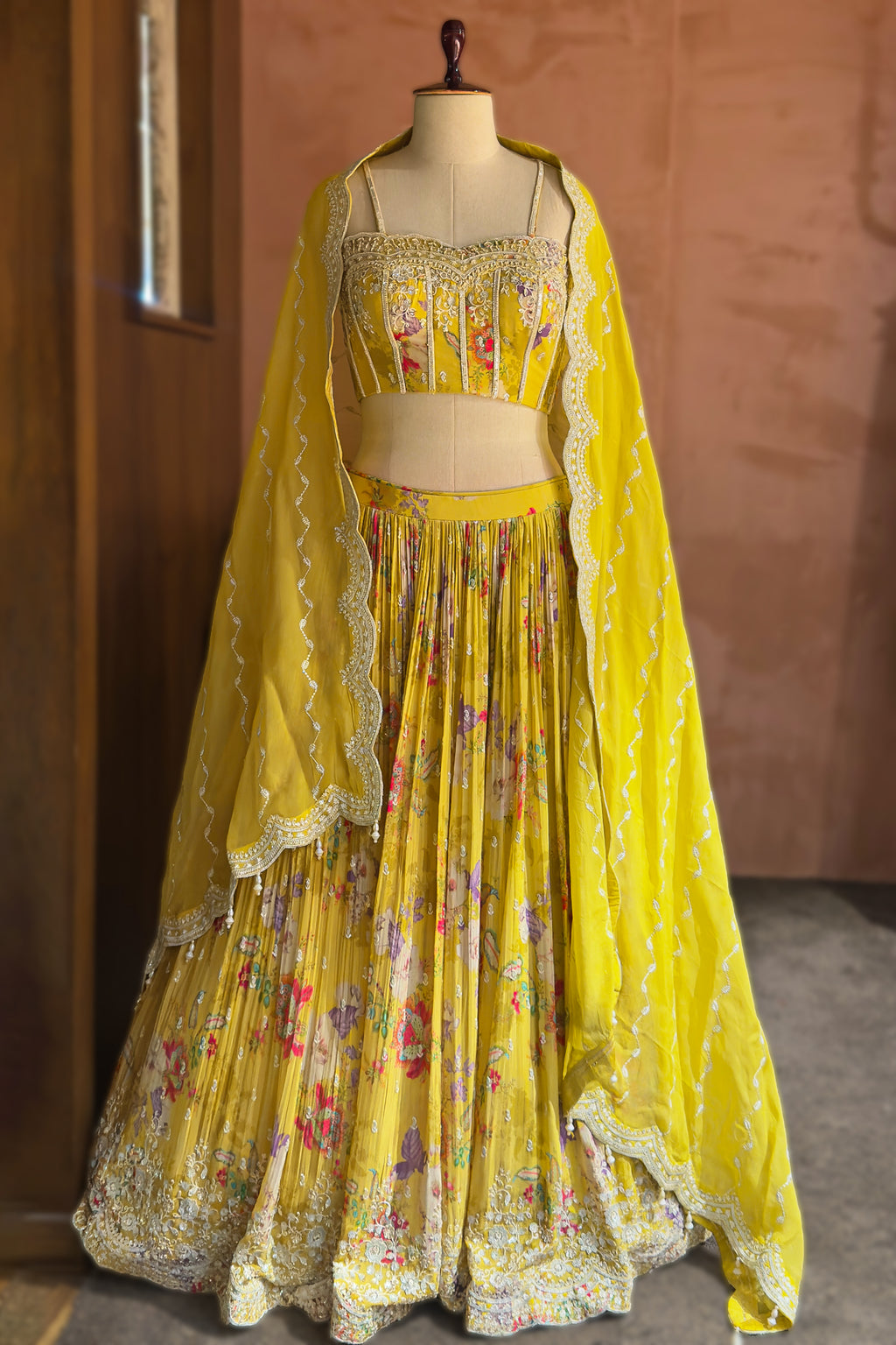 Lime Yellow Chiffon Chinon Silk Floral Printed Corset Lehenga