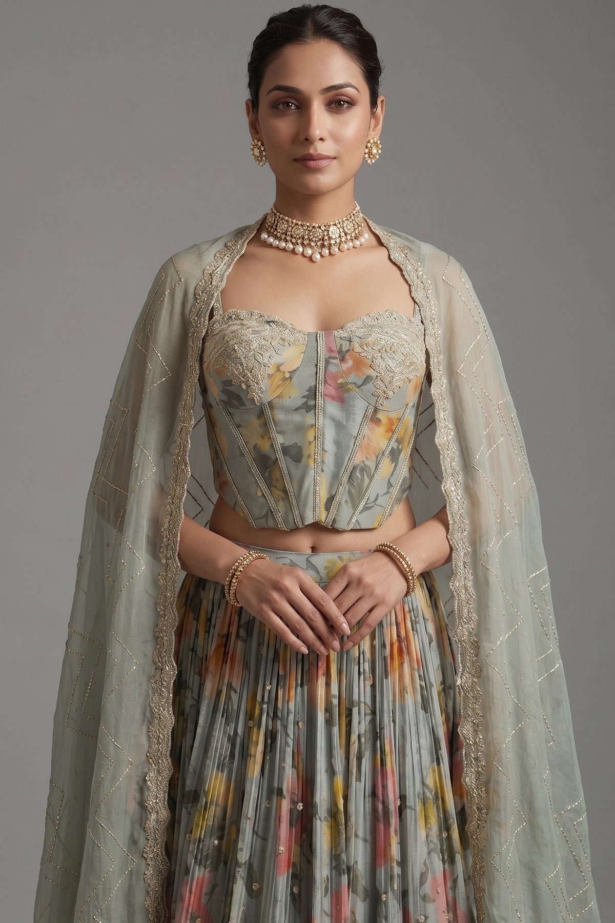 Light Sage Green Chinon Chiffon Silk Digital Floral Printed Corset Lehenga
